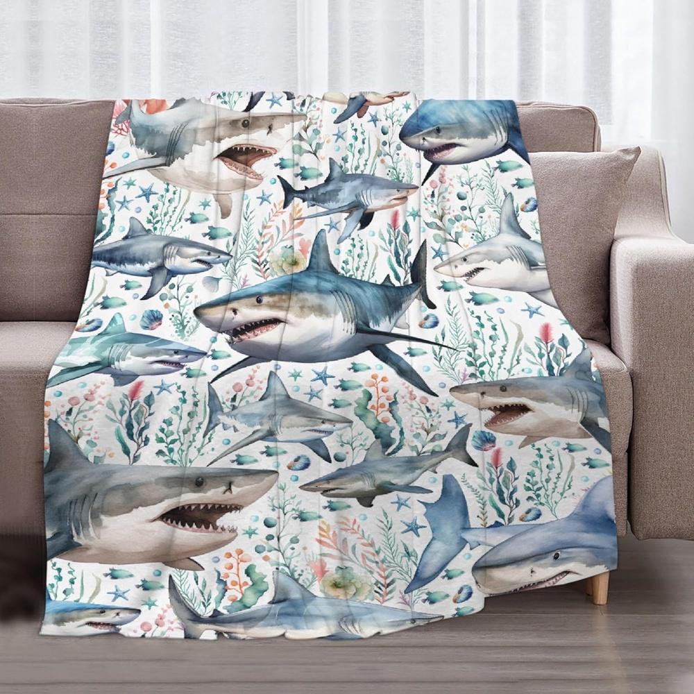 Ultra-Soft Shark Blanket & - 280gsm Flannel Throw with Shark & Turtle Ocean Print, All-Season Bed & Couch Blanket, 4 Sizes, Mach