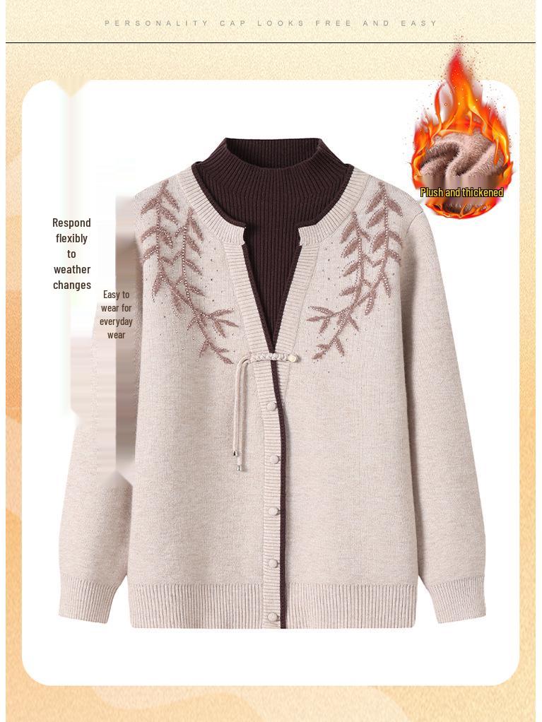 2025 Stylish Winter Top for Middle-Aged & Elderly Women - Fake Two-Piece, Velvet-Lined, Thickened Sweater