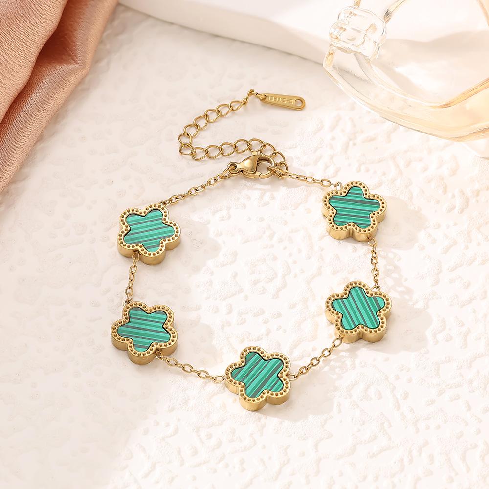 SHEIN 18K Gold-Plated Five-Petal Flower Jewelry Set: Bracelet, Necklace & Stud Earrings In Non-Fading Titanium Steel