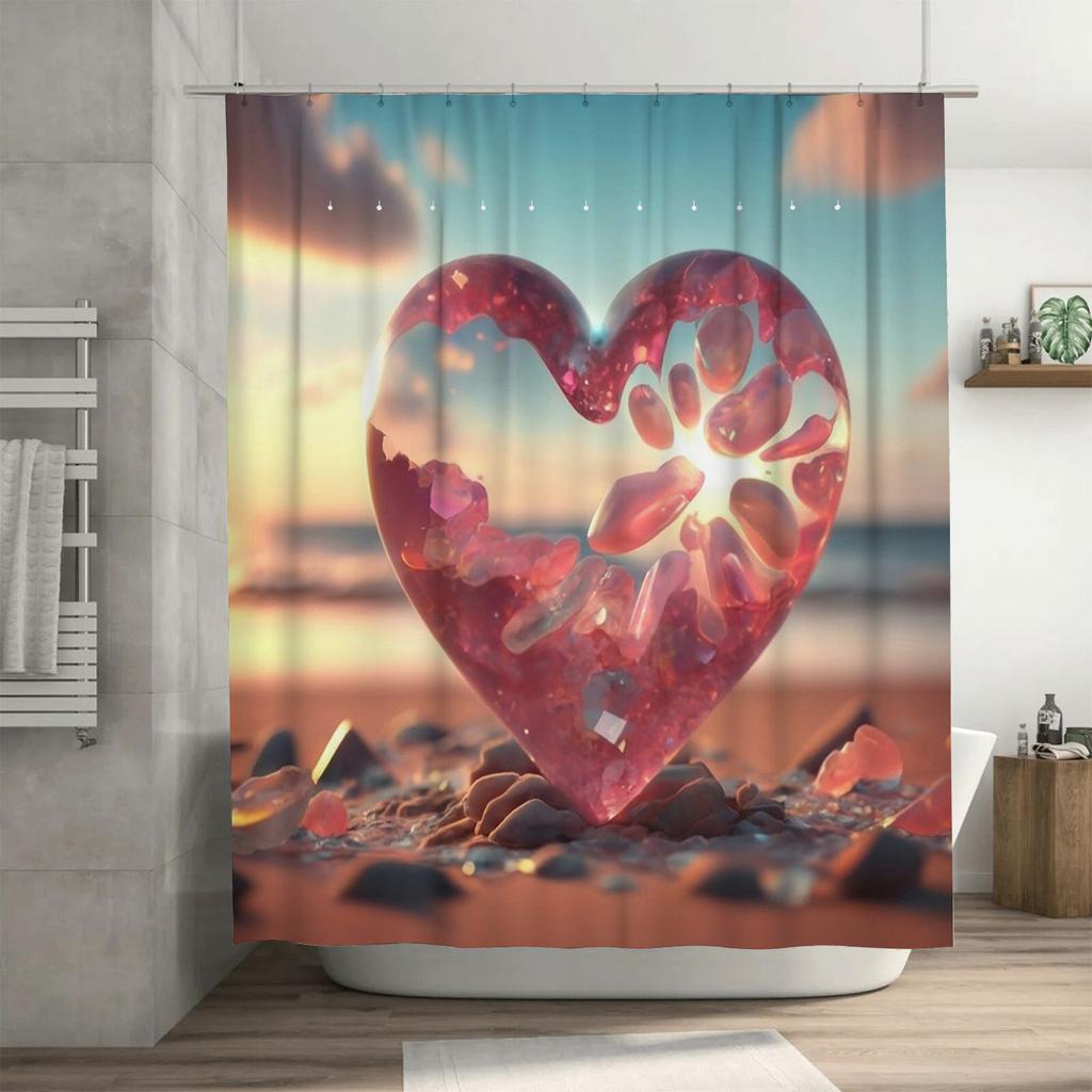 3D Crystal Heart Shower Curtain | Romantic and Beach-Inspired Bathroom Decor