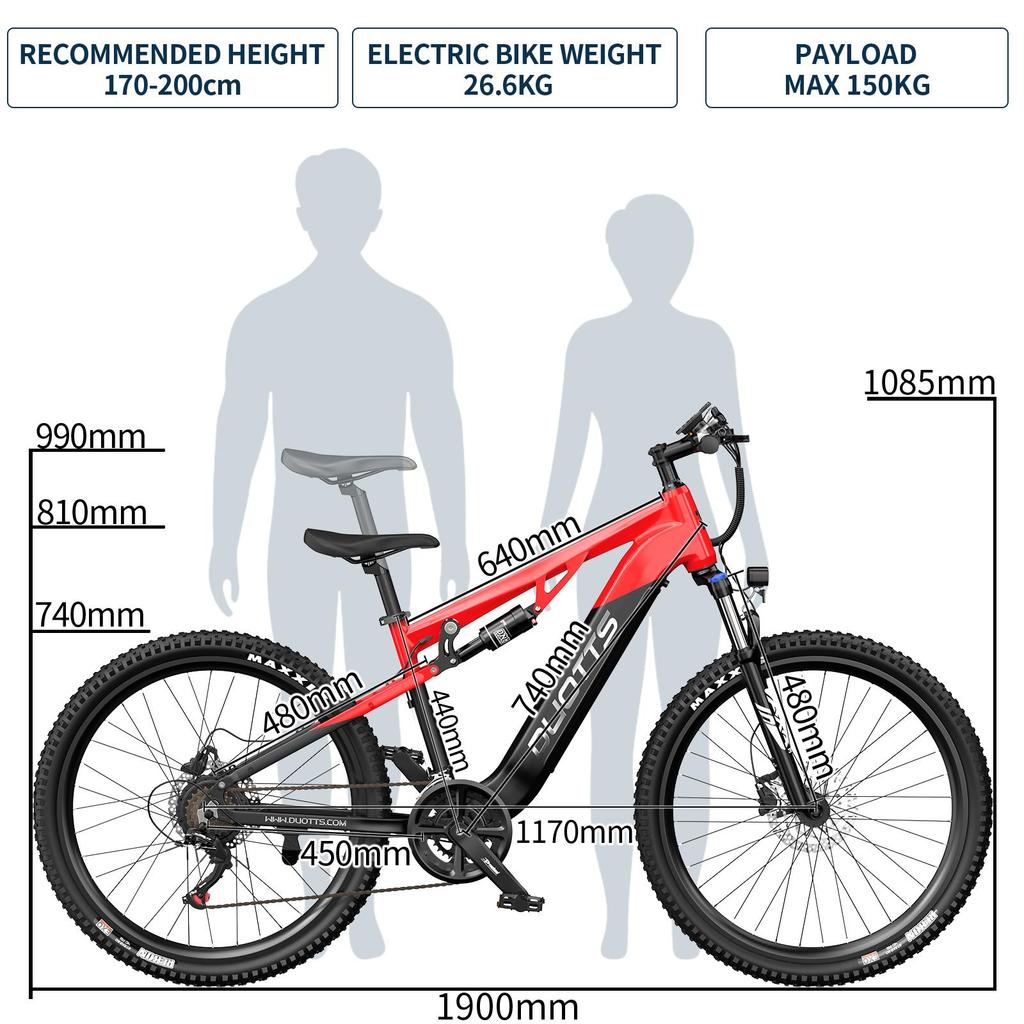 DUOTTS E29 electric bicycle, Bafang 250W motor, 48V 13.5Ah battery, full suspension, 27.5-inch tires, hydraulic brakes, range of 45-90 kilometers.