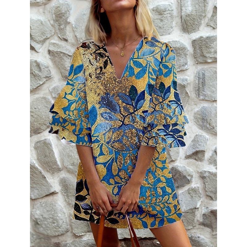 QICED Women's Fashion Summer Spring V-Neck Short Sleeve Casual DressesCasual Chic