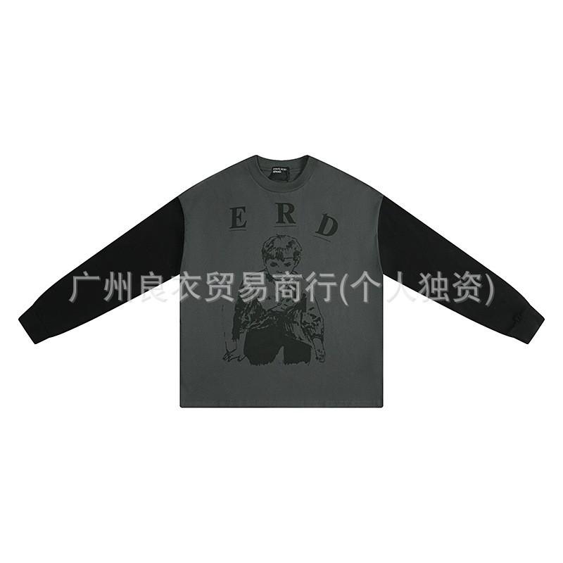 Unisex Vintage Distressed Letter Print Graphic Long Sleeve Tee Streetwear Oversized Cotton T-Shirt Teens