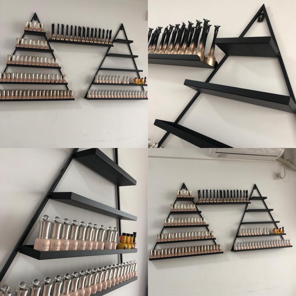 Elegant Gold Wall Mounted Nail Polish Rack - Set of 6 Triangular Cosmetic Display Shelves for Essential Oil Bottles, Organize Your Lipsticks and