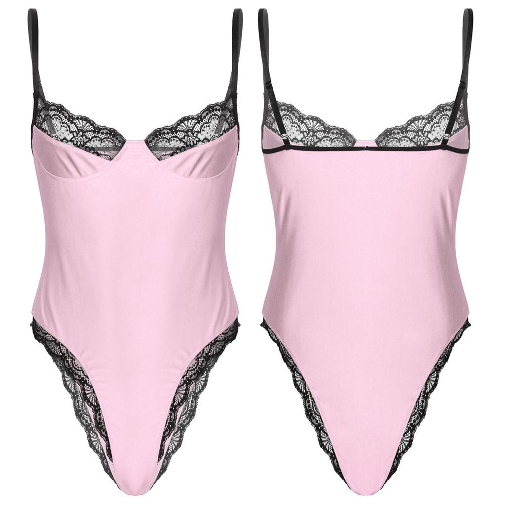 Mens Lace Patchwork Sissy Crossdresser Bodysuit Sexy Jumpsuit Slim Tops Skinny Nightwear