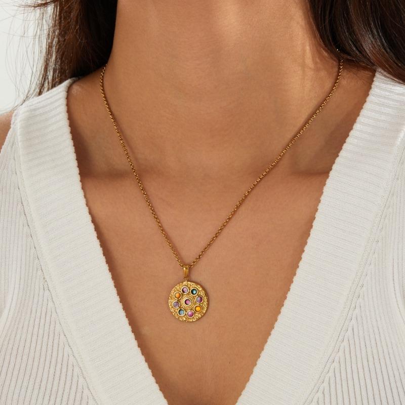 Gold Plated Stainless Steel Colorful Stone Round Pendant Necklace for Women