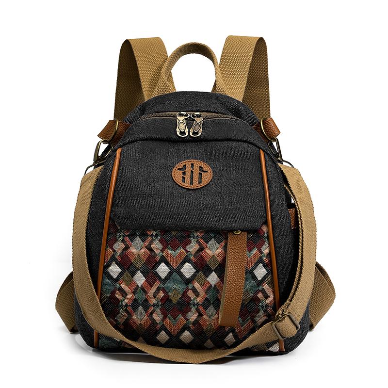 Vintage Color Block Backpack Ethnic Embroidery Shoulder Bag Large Capacity Backpack