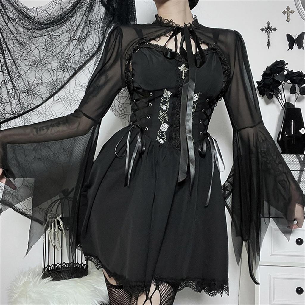 QOOLY Cosplay Idol Gothic Schwarz Mini Sexy Gothic Lolita Niedlich Lolita Lolita Prinzessin Punk Party Live-Performance Größe S Einteiler Kostüm, Kleid,