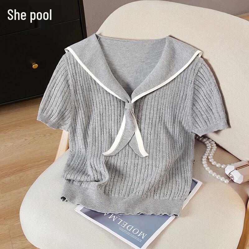

Women s Short Sleeve Wool Blend Knit Top with Sailor Collar M