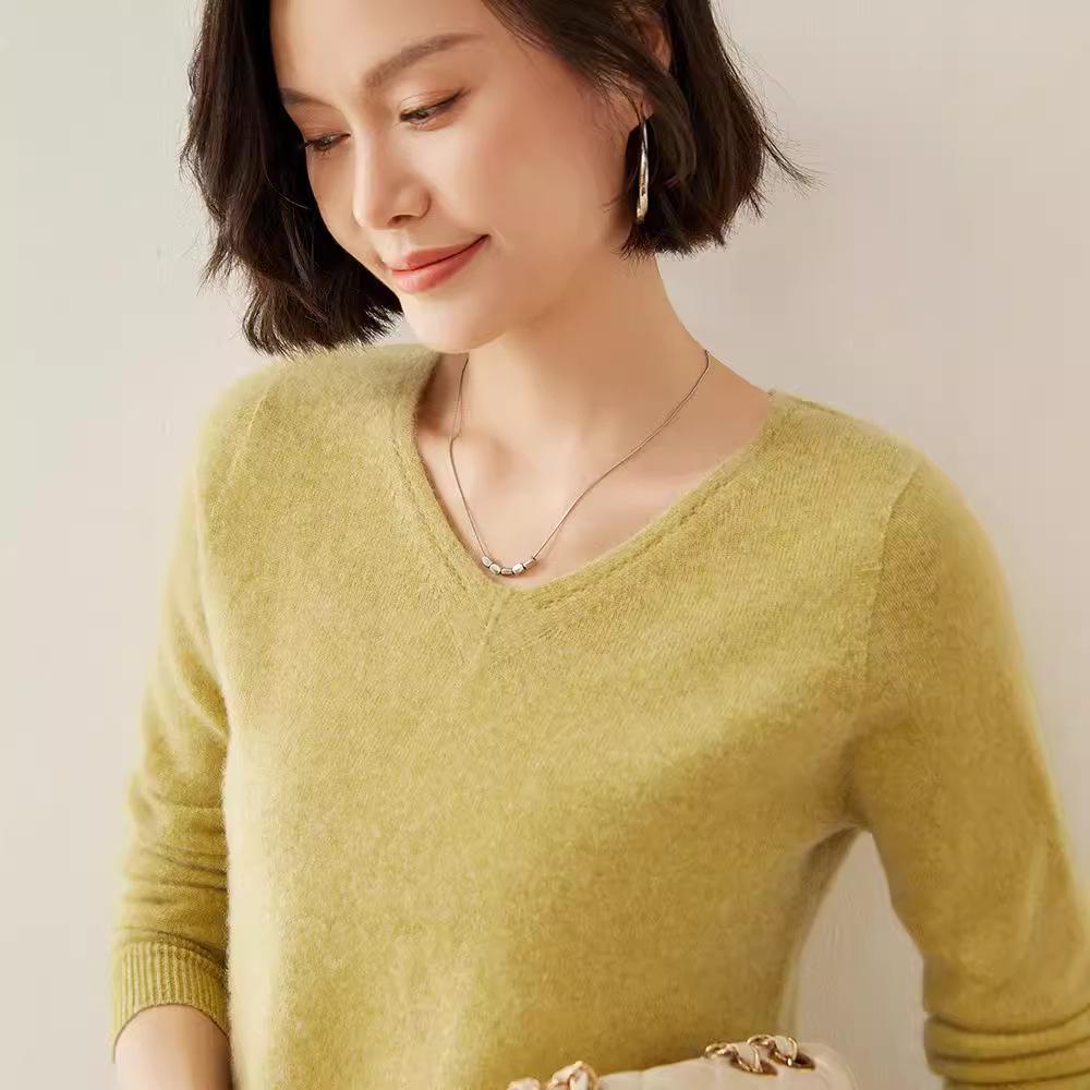 Women's V-Neck Cashmere Sweater - Slim Fit, Hollow Knit Pullover for Autumn/Winter