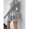 Export Single FN Elastic Fabric Pleated High Waist Black and White Striped Slit Speaker Long Sleeves Dress Plus Plus Size