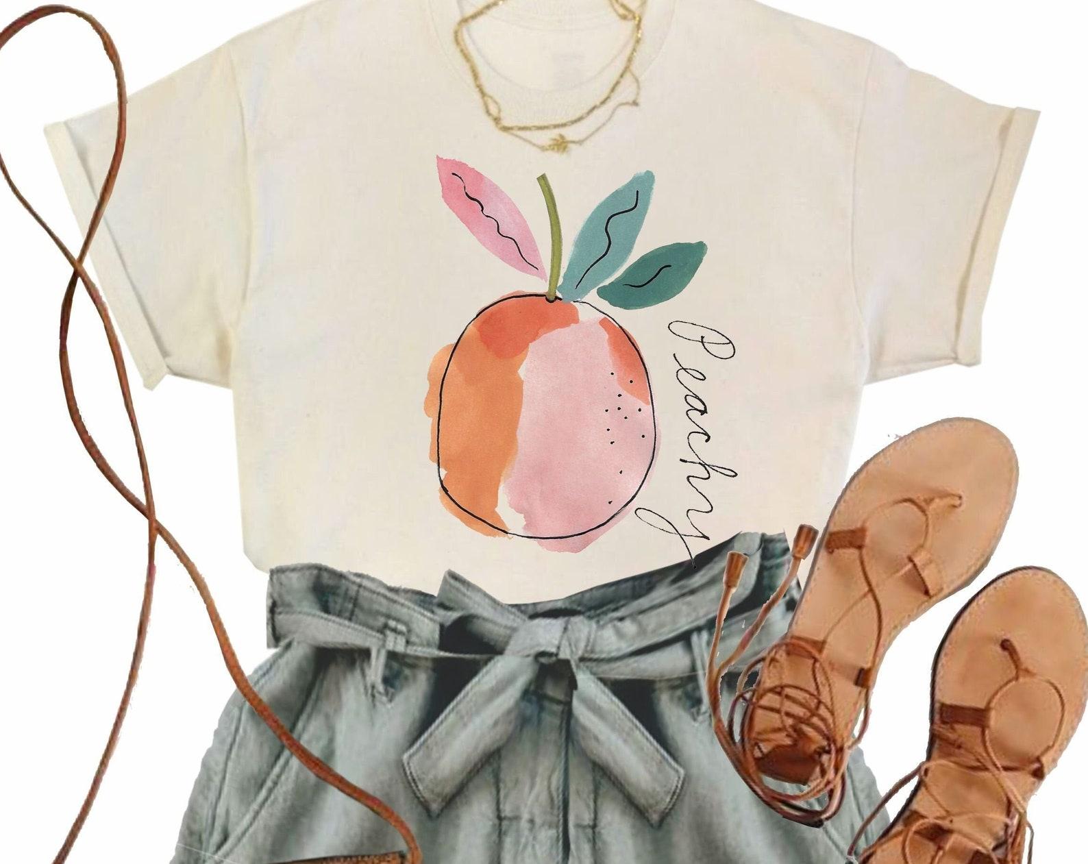 Peachy Botanical T-Shirt: Watercolor Peach Graphic Tee S