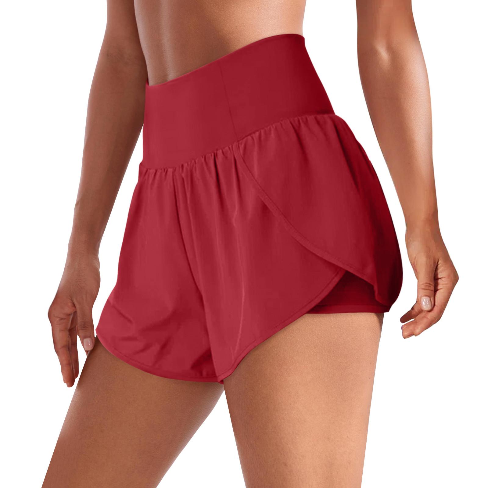 

2 в 1 женские струящиеся шорты для бега с высокой талией, быстросохнущие спортивные шорты для фитнеса, повседневные шорты, симпатичная теннисная юбка S красный