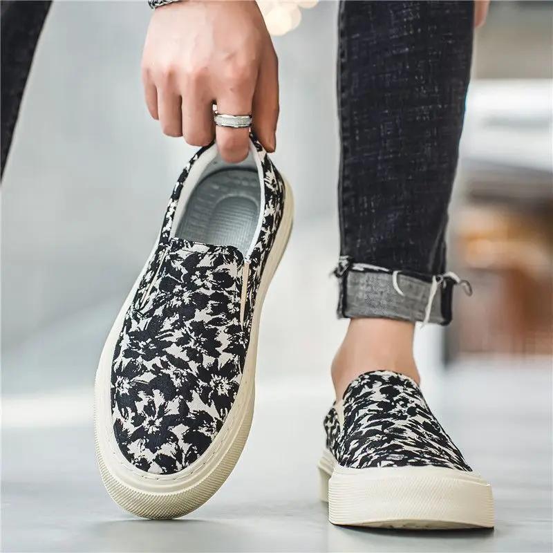 Fashion Male Shoe Print Low-Top Slip-on Moccasin Men's Casual Shoes Comfortable New In Hiking Legitimate Promotion Adults Sale Sneakers