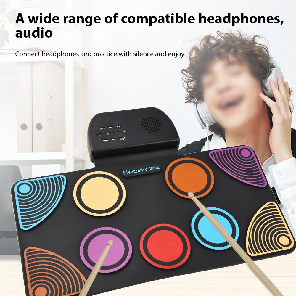 Elektronisches Schlagzeug mit Lautsprecher Handroll-Schlagzeug 9 Pads Unterstützt verschiedene Audioeingänge 7 Drum