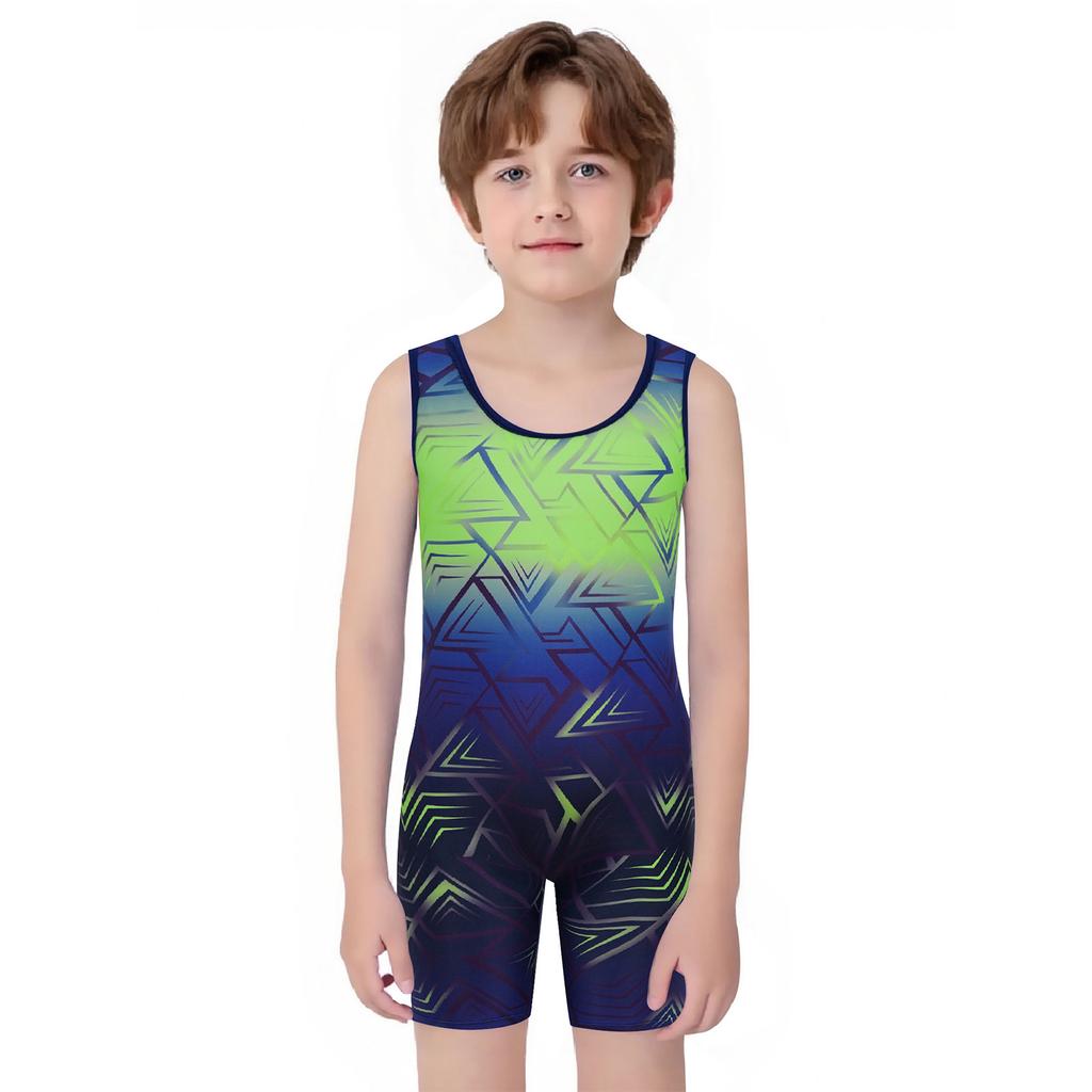 Boys Cycling Workout Bodysuit: U Neck Sleeveless Geometric Print Singlet for Wrestling Exercise Training