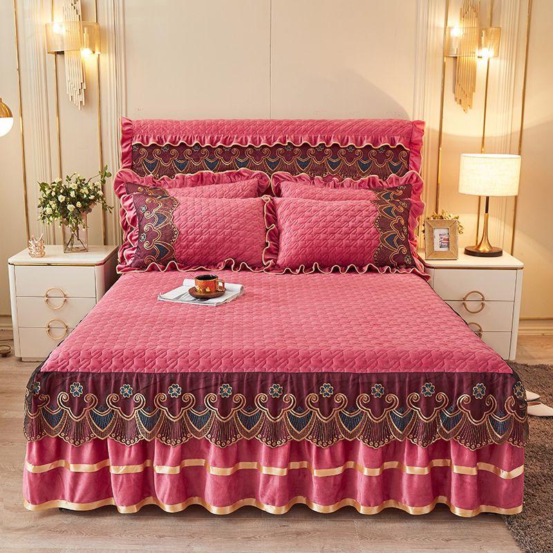 Quilted Bed Skirt Set with Heart Embroidery Lace Trim and Tie-Up High Drop  Includes 1 Bed Skirt and 2 Pillowcases