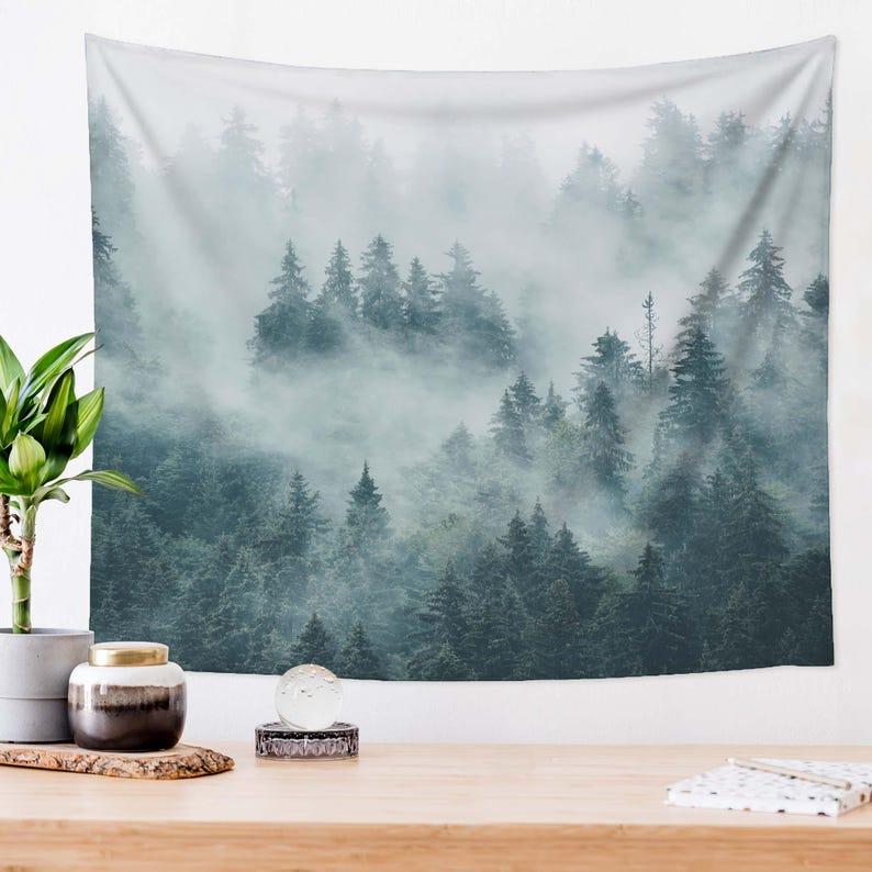Pine trees, misty forest, nature tapestry 75x100 чёрный