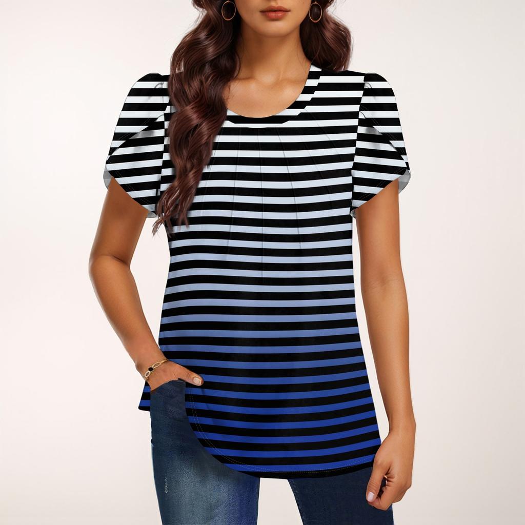 Women's Fashionable Round Neck Short Sleeve Print Casual Basic Pleated Pullover T-shirt Top