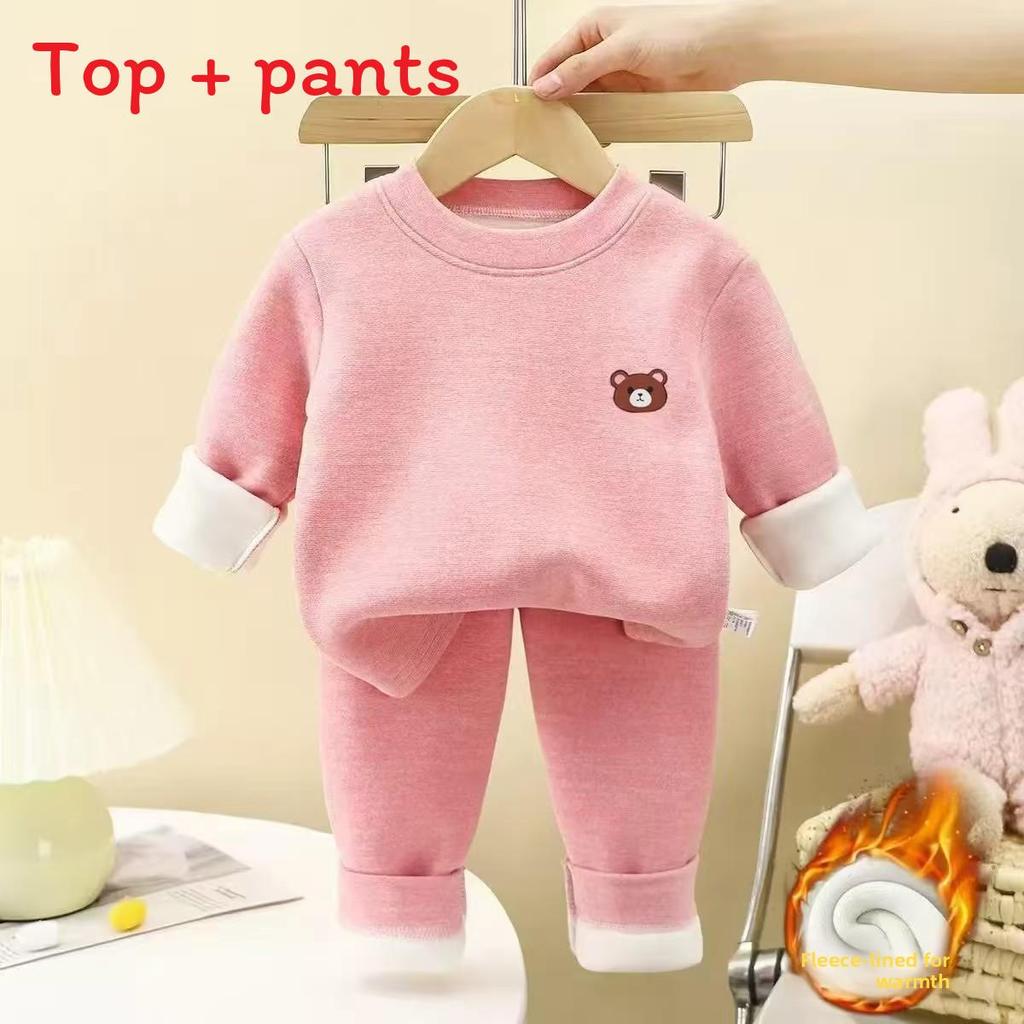 Baby Boy Girl Fleece Thermal Underwear Set With Plush Lining For Winter Warmth