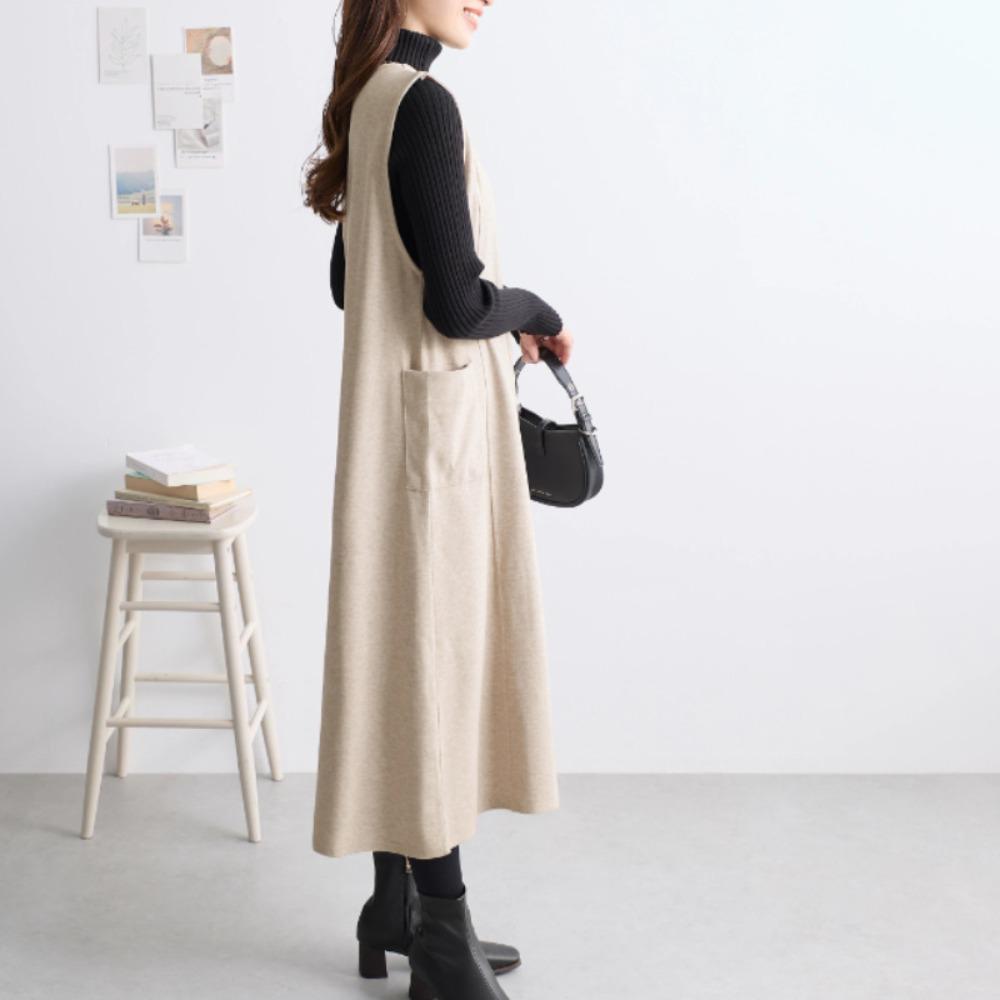 Women's V Neck Sleeveless Straight Long Midi Dress Slim Fit Loose Waist Japanese Casual Vest Pinafore Dress