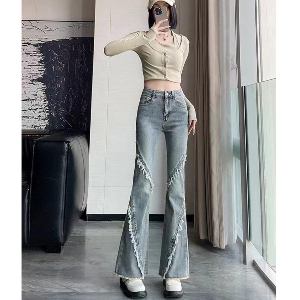 

Трендовые джинсы с необработанными краями и микро-разрезами, женские, новые весенне-осенние, облегающие, с высокой посадкой, расклешенные джинсы-клеш, тренд XL
