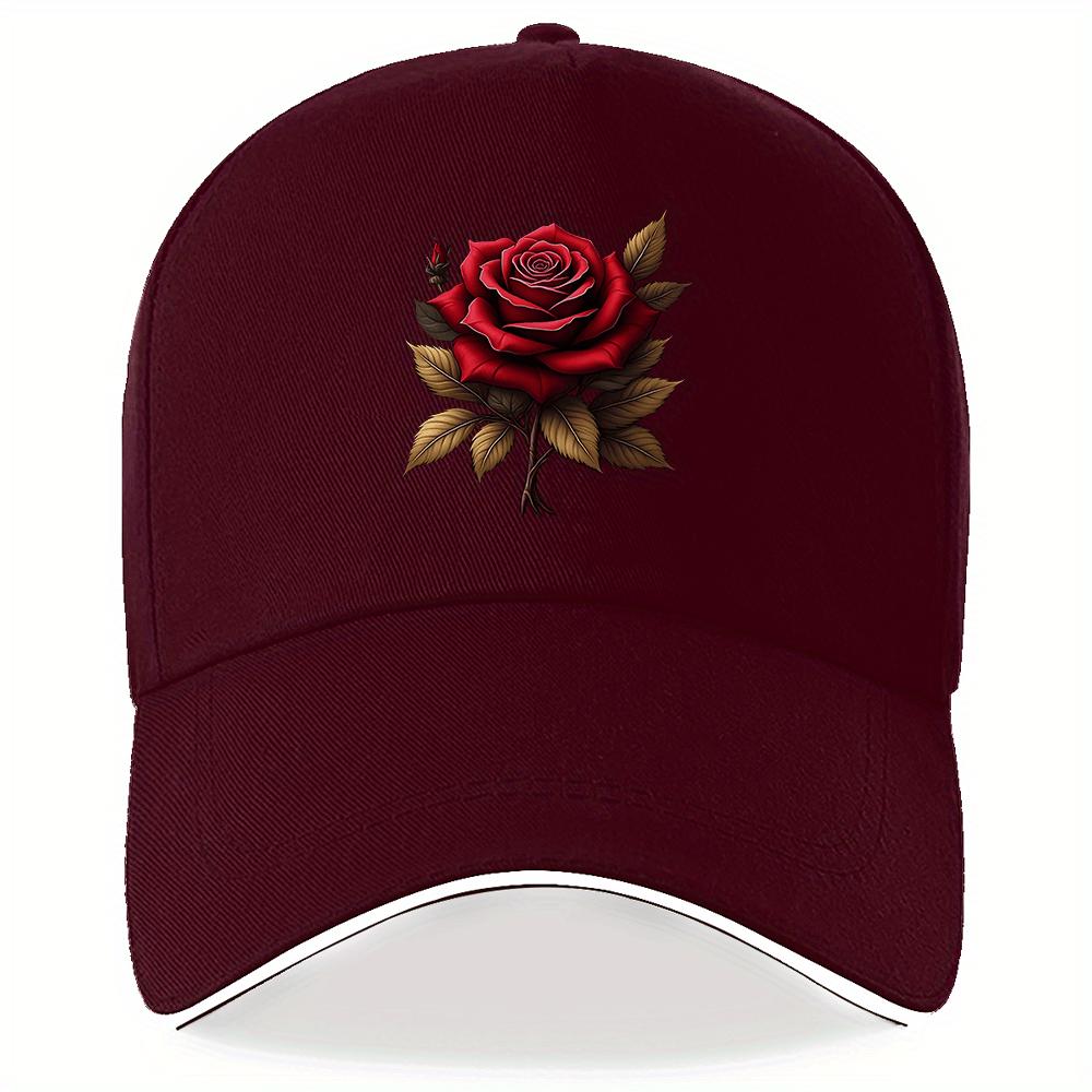 Red Rose Floral Print Black Baseball Cap Adjustable Polyester Outdoor Sporty Unisex Casual Headwear