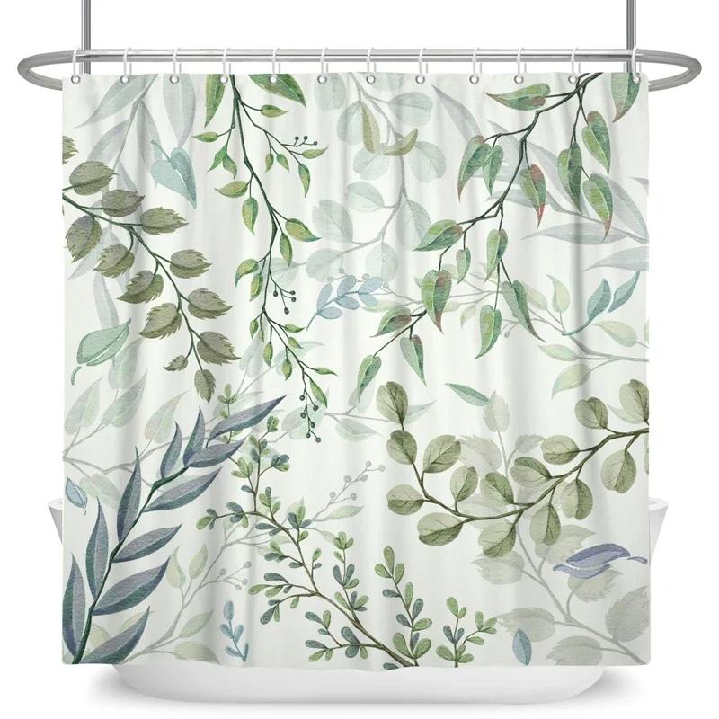 Green Eucalyptus Leaves Shower Curtains Watercolor Floral Waterproof Morden Bathroom Bathtub Curtain Room Decor With Hooks
