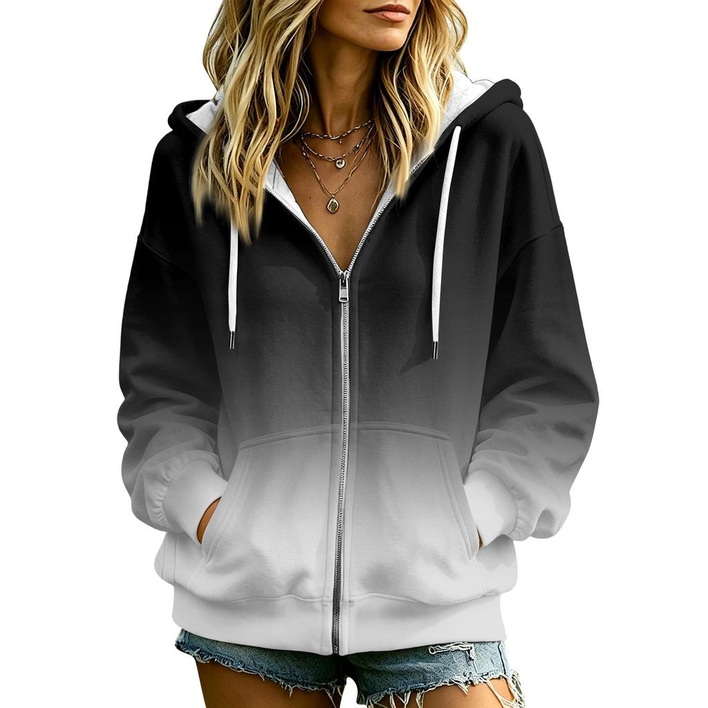 Women's Gradient Print Hooded Jacket with and Pockets for Casual