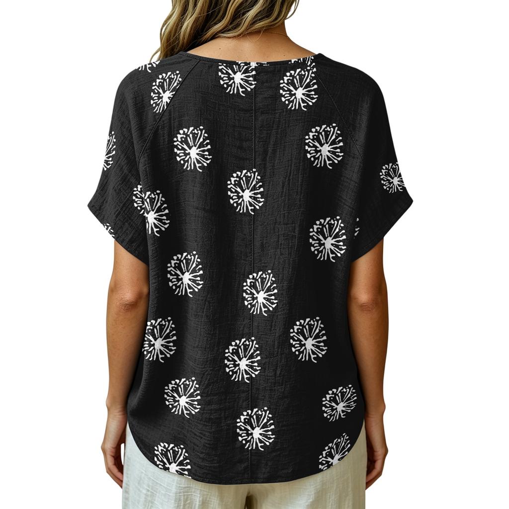 Women's Vintage Print Short Sleeve Top - Round Neck, Cotton Linen Fabric