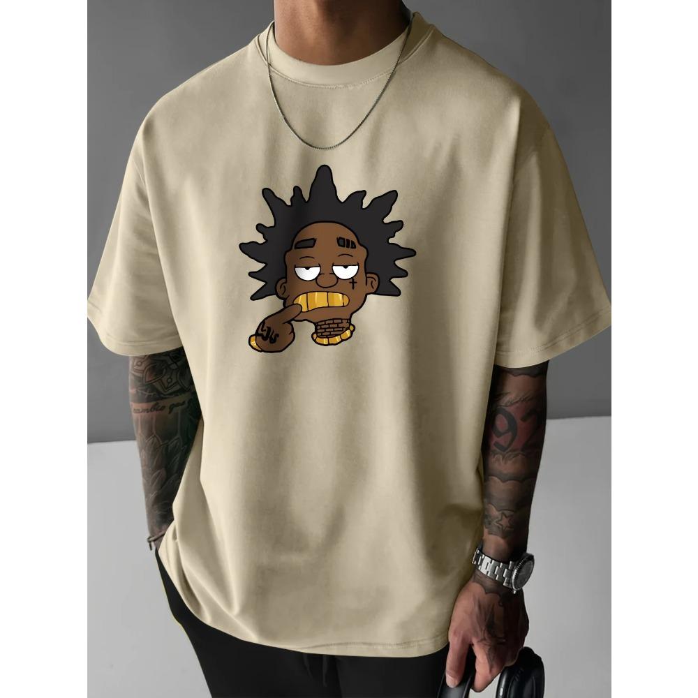 Mens Big Golden Teeth Portrait Print Crew Neck Short Sleeve T-Shirt Casual Loose Men's Clothing Cotton Fashion Streetwear