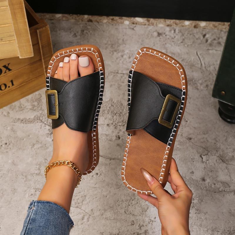 Fashion Plus Size 2025 Summer New Open Toe Women’s Slippers Round Toe Buckle Sewing Flat with Slippers for Outdoor Daily & Casual Sandal
