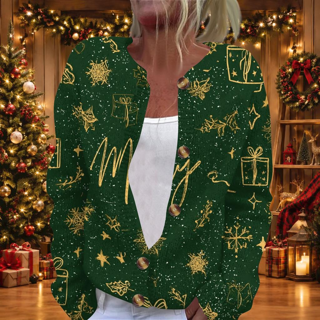 Women's Christmas Print Long Sleeve Knit Cardigan Button Front Sweater