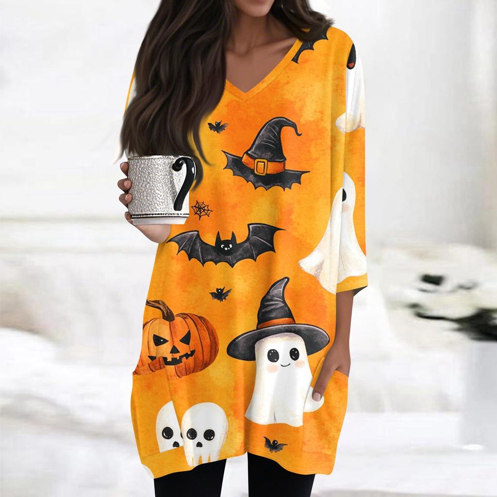 Womens Tops V-neck 3/4 Sleeve Blouses Casual Mid-length Shirts Fashion Halloween Print Tunic Tops With Pockets