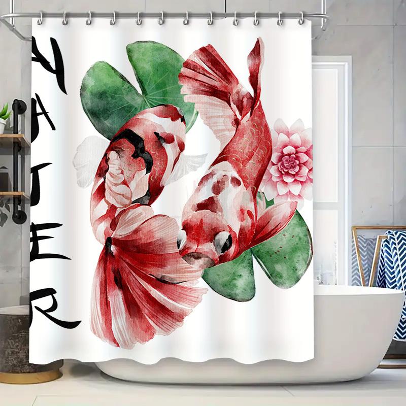 

Red Koi Fish Shower Curtain With Green Leaves And Pink Flower For Bath Decor In Kitchen Dining From Home Garden W60H190(CM)-1 Pcs