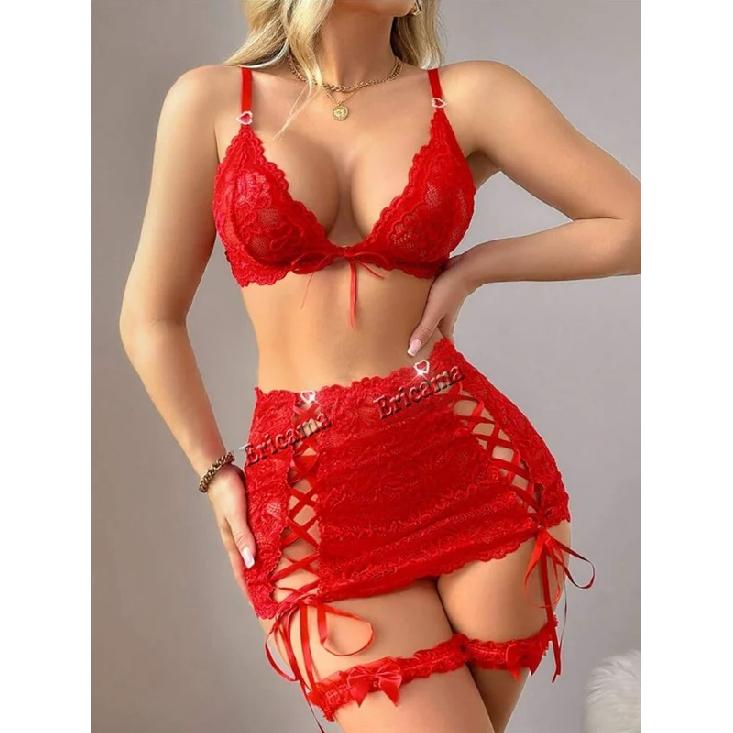 Sexy Lingerie Set For Women Lace Mesh See-through Lace Up Top Plaid Pleated Skirt Halter Women's Underwear Set Sexy Bra Set