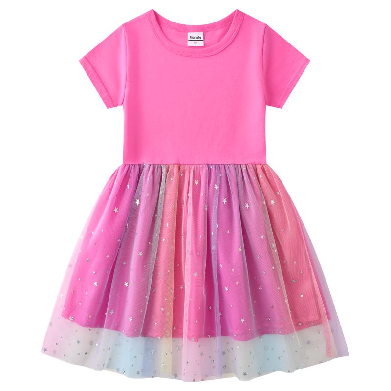 Korean Style Children's Princess Dress - Short/Long Sleeve with Stars, Rainbow Sequins, and Mesh Pleats for Spring, Summer, and Autumn