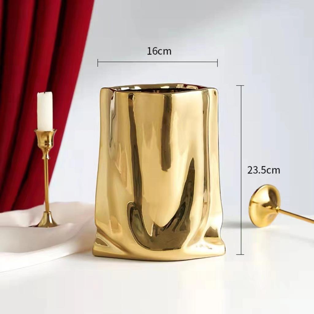 Silver Cloth Bag Ceramic Vase Folded Flower Pot Straight Tube Pleated Stacked Flowerpot Flower Vases Terrarium Home Decoration