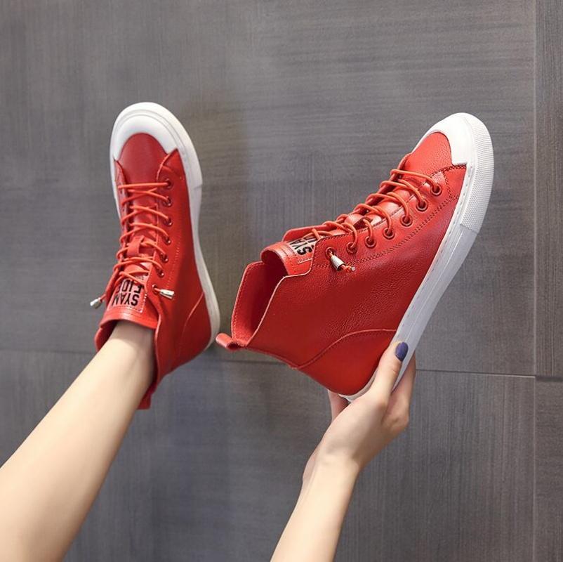 2024 High Quality Cowhide Leather Shoes Woman Shoes Casual Sneaker Trend Boots Flat Fashion Shoes Black White Red Boots