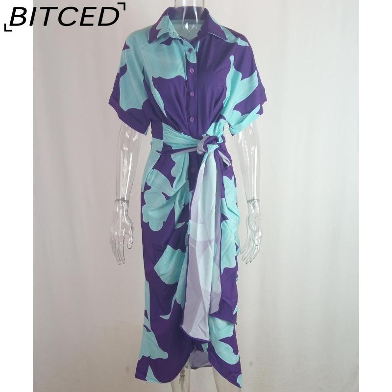 BITCED Damen Hemdkleid mit Kragen, mittellang, kurzärmelig, einreihig, hoch tailliert, Frühling