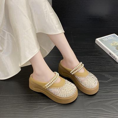 Thick-bottomed Mesh Breathable Mary Jane Cool Slippers Women's 2025 Summer Pearl Baotou Half Slippers