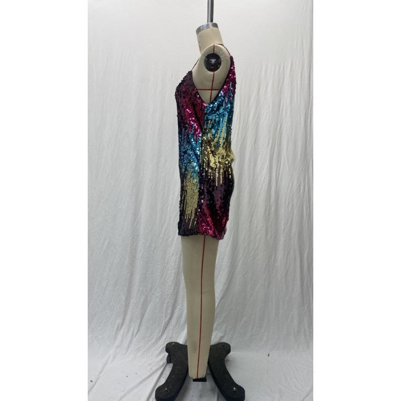 Female Sleeveless Sexy Sequin V-neck Camisole Short Skirt