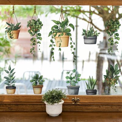 Verse Groene Planten en Bloempotten Creatieve Raamdecoratie Statische Hechting Verwijderbaar Peel and Stick Winkelraam Glassticker