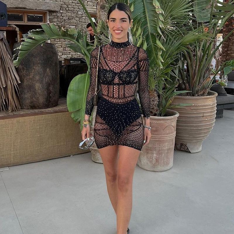 Danaiomei Damen Herbst Strass Cutout Halbochgeschlossenes Langarm Durchsichtiges Kleid T9130