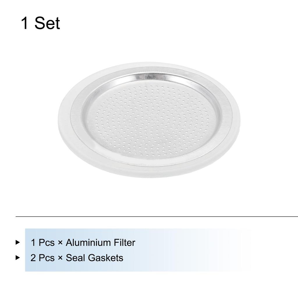 uxcell Aluminum Coffee Pot Accessory for Stainless Steel Espresso Maker, Includes 1 Filter and 2 Silicone Gasket Seals, 64x53x3.4mm, 6-Cup Moka