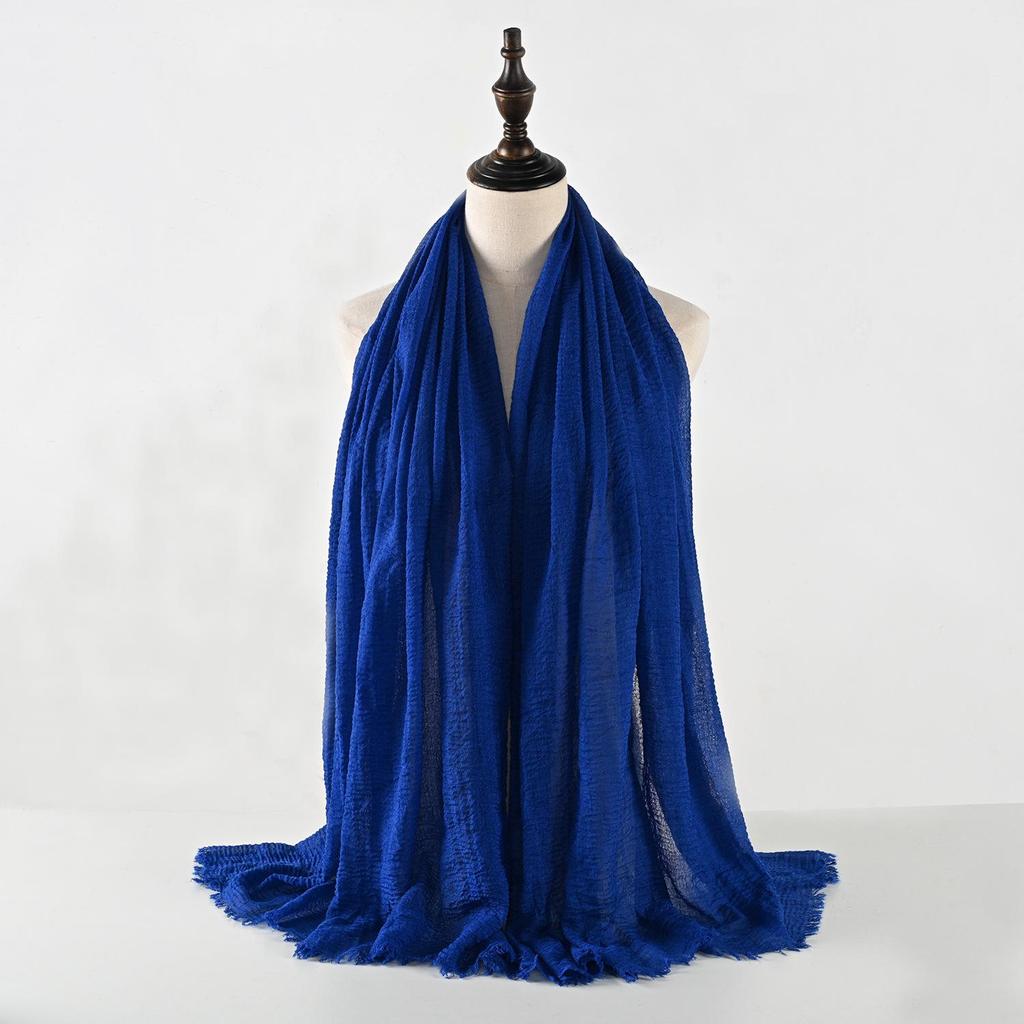 Crinkled Cotton-Linen Blend Scarf with Fringe - Solid Color, 90x180cm, Women's Headscarf
