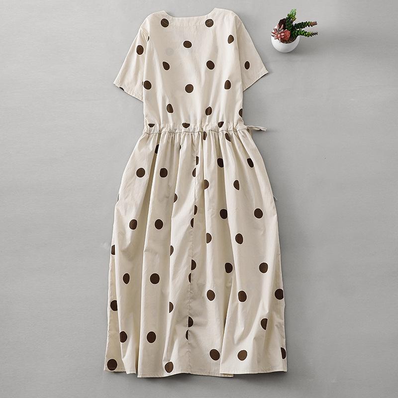 Retro Tupfen Baumwollleinen V-Ausschnitt Kleid für Damen