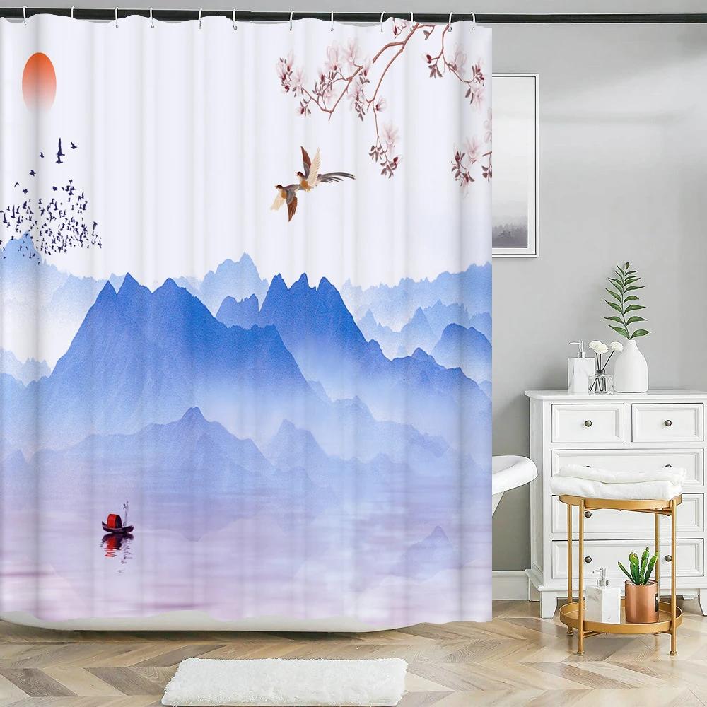 Chinese ink landscape style shower curtain scenic pattern Waterproof Fabric bath curtain washable Bathroom curtains Multi Size