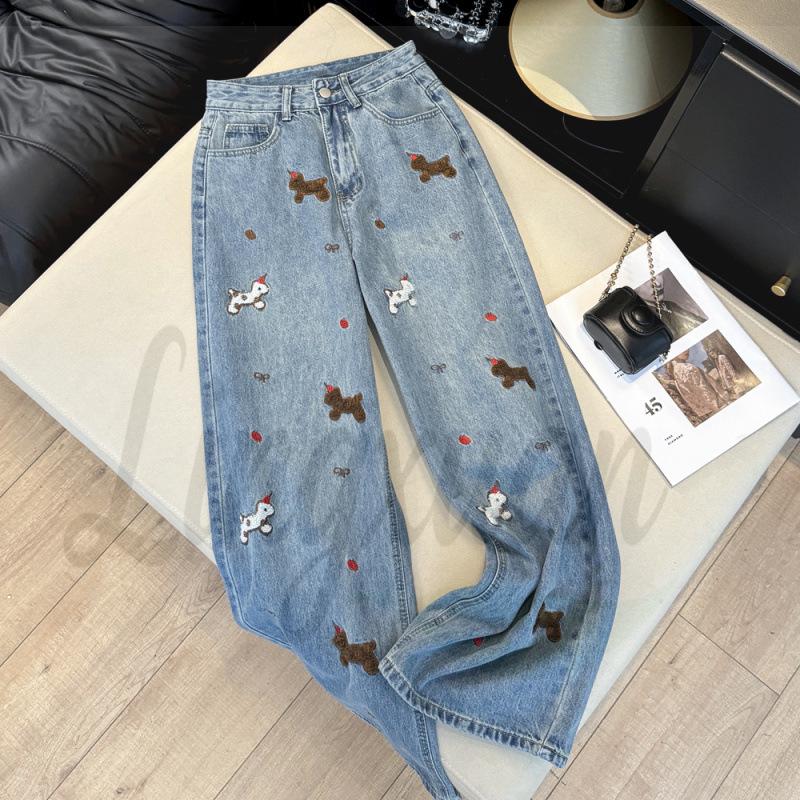 Women s Straight Leg Jeans - 2026 Spring, Embroidered Puppy Design, Loose Fit, Casual Temperament. L
