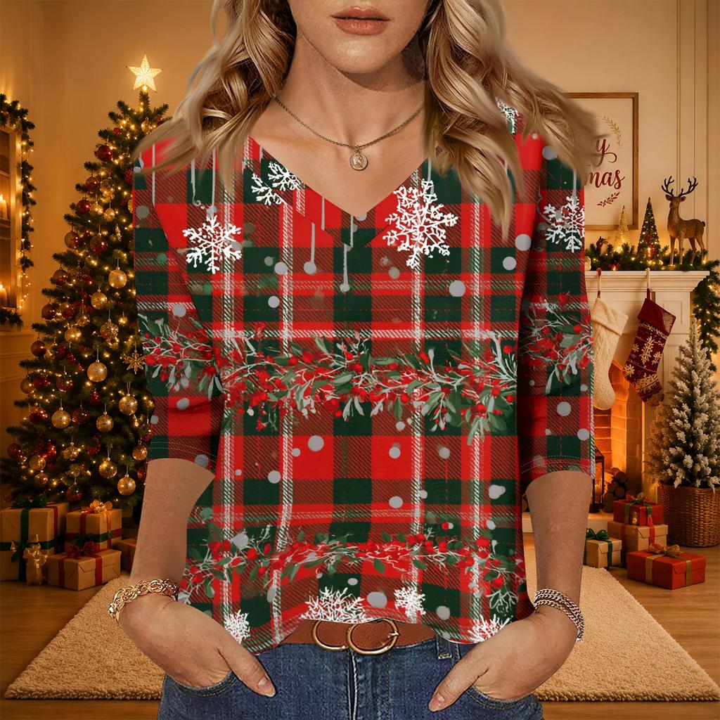 Women's Christmas Print V-Neck Three-Quarter Sleeve Casual Loose Fit Shirt